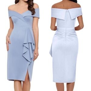 Elegant ‘Xscape’ asymmetrical off-the-shoulder Blue-grey Dress size 10